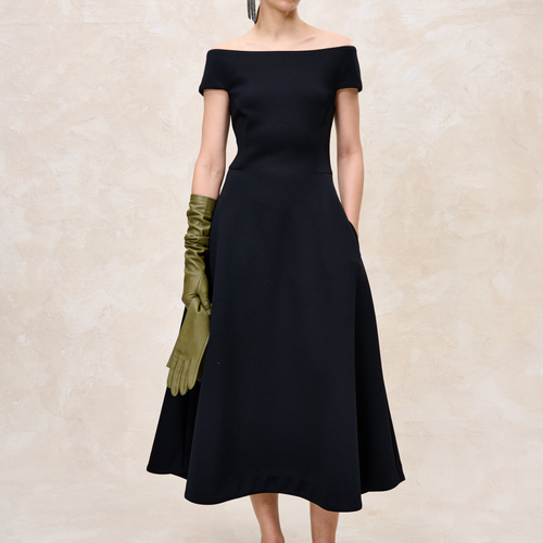 Natan Ponte Knit A-Line Black Off The Shoulder Dress Timeless Martha's Vineyard 
