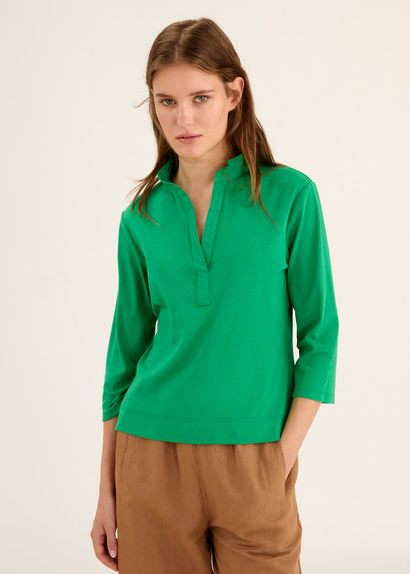 Rosso35 Cotton 3/4 Sleeve Fitted Green Collared Top Timeless Martha's Vineyard 