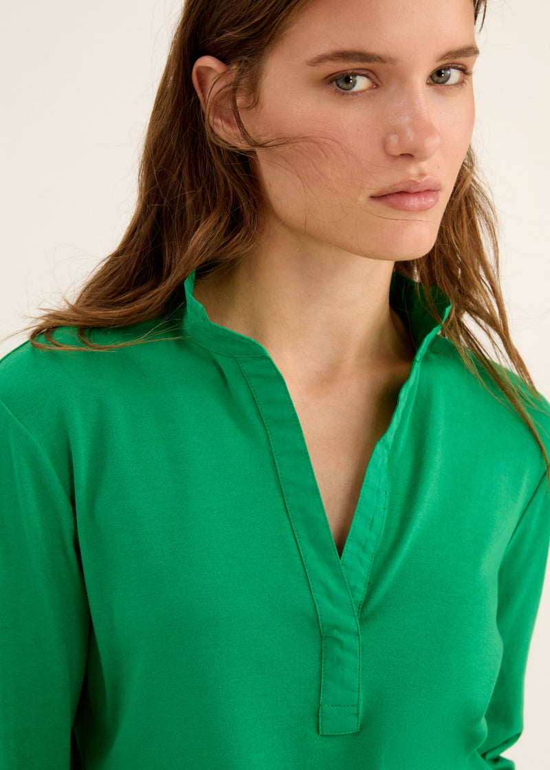Rosso35 Cotton 3/4 Sleeve Fitted Green Collared Top Timeless Martha's Vineyard 