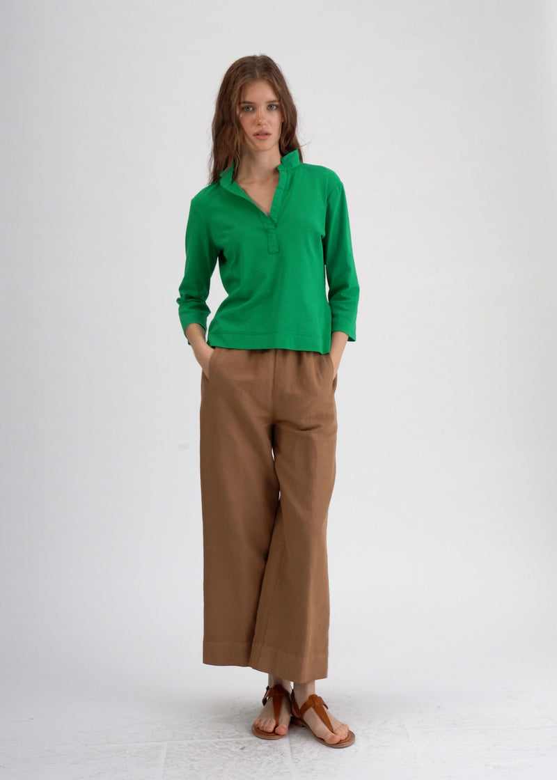 Rosso35 Cotton 3/4 Sleeve Fitted Green Collared Top Timeless Martha's Vineyard 