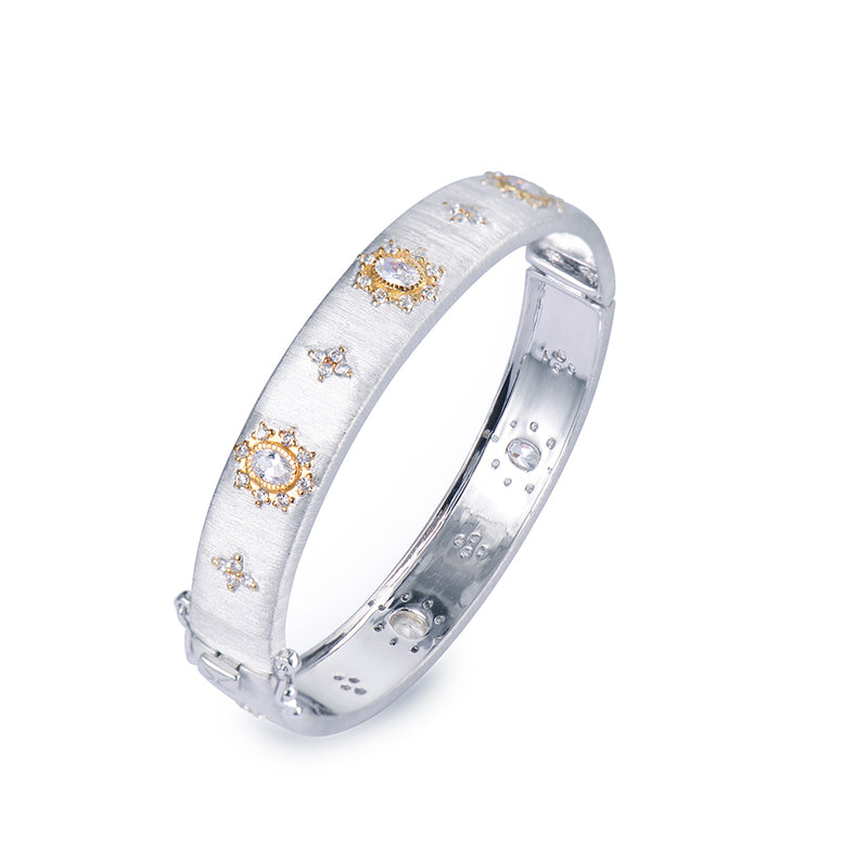 Narrow Star Pattern Oval CZ Center Bangle - Rhodium Timeless Martha's Vineyard