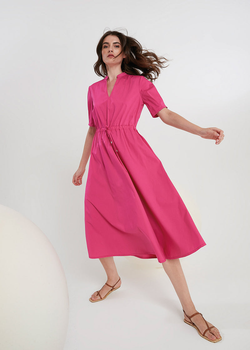 Short Sleeve V-Neck Cotton Dress - Hot Pink Short Sleeve V-Neck Cotton Dress - Hot Pink