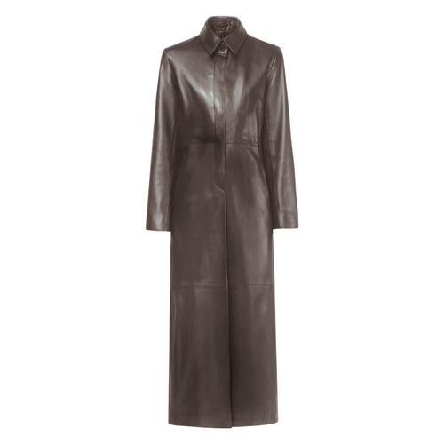 Nour Amour Gotham Long Leather Coat in Brown Timeless Martha's Vineyard 