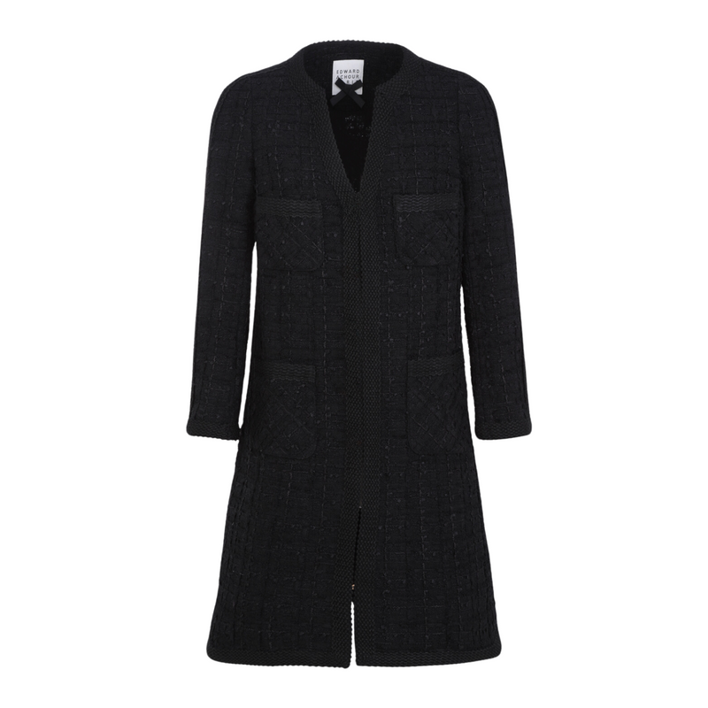 V-Neck Tweed Boucle Coat - Black