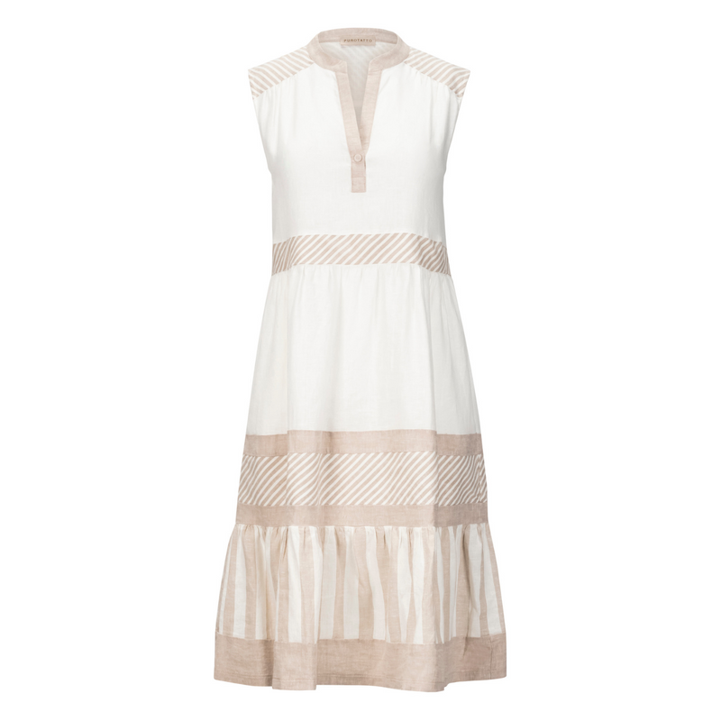 Short Linen Dress - Beige + White
