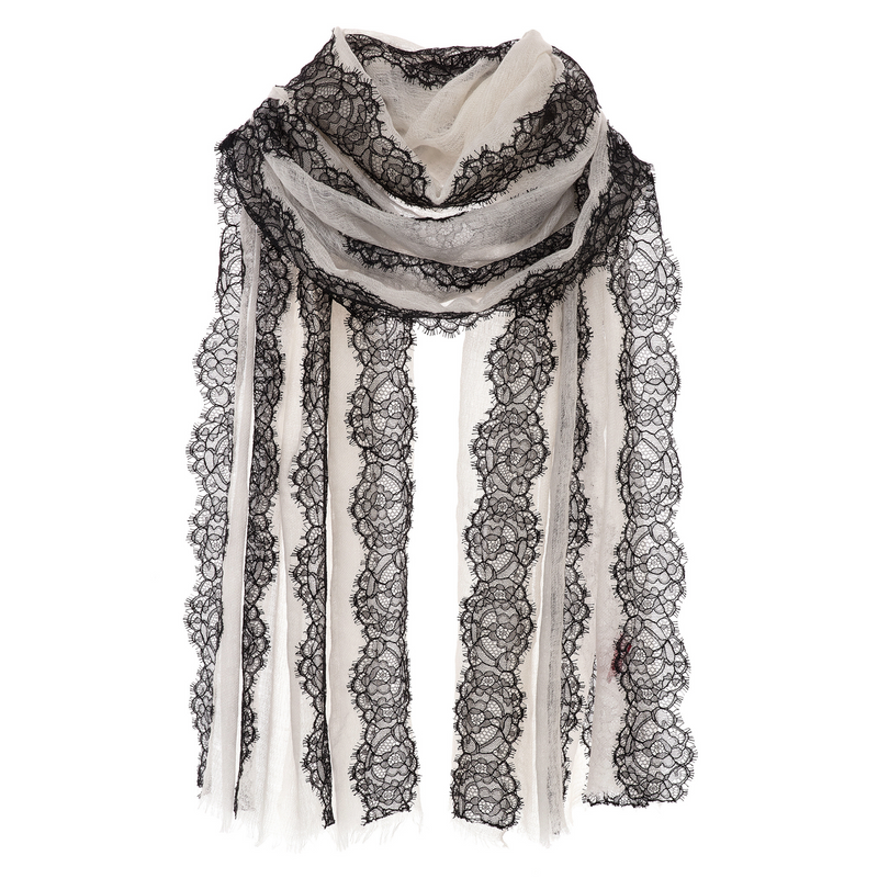 Vintage Shades Black Lace Ivory Shear Cashmere Scarf Timeless Martha's Vineyard