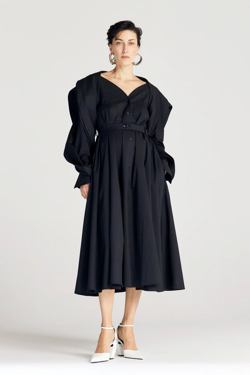cotton twill dress Supima Cotton Twill Dress with Draped Top and Fringes