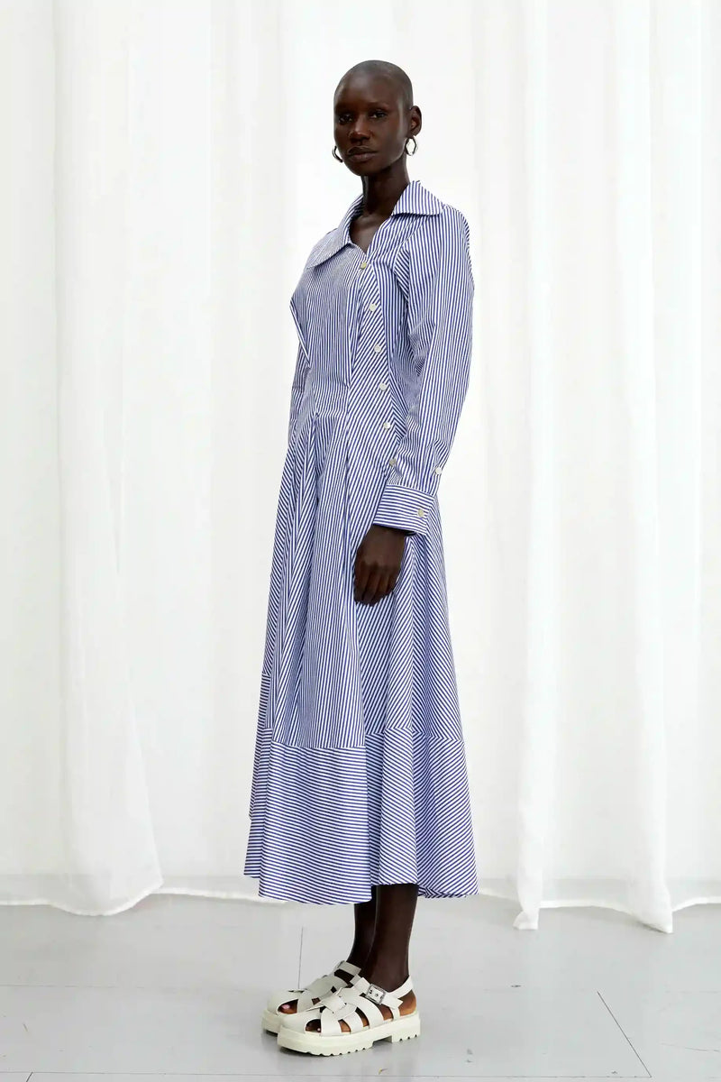 Hold Close Striped Cotton Shirt Dress - Blue + White