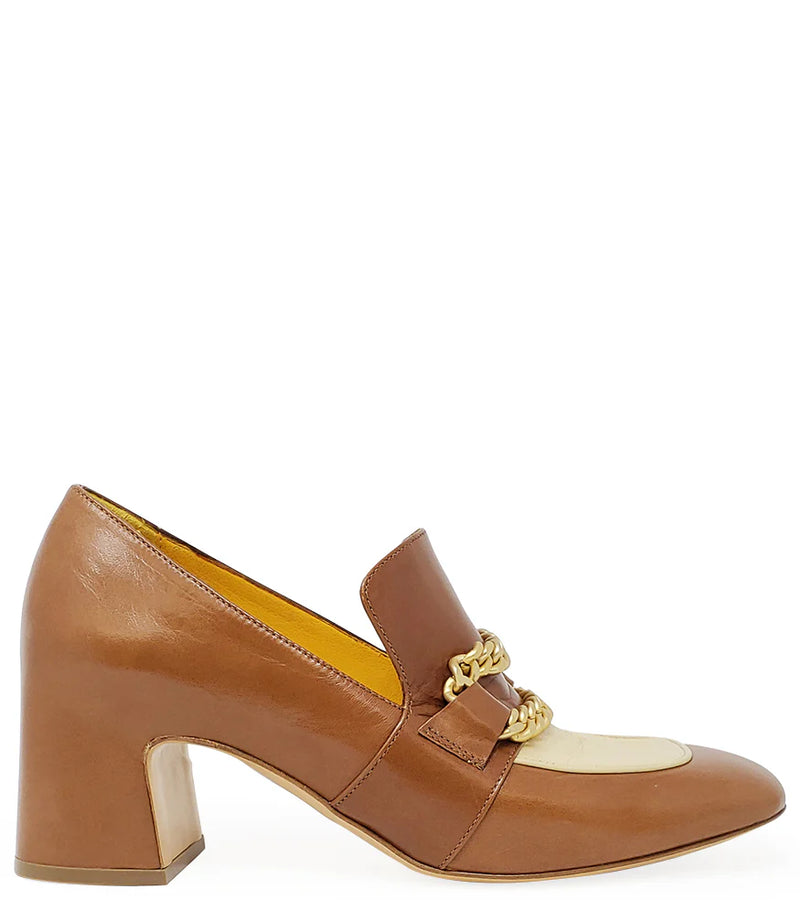 Mara Bini Camel Cream Heeled Loafer with Gold Chain