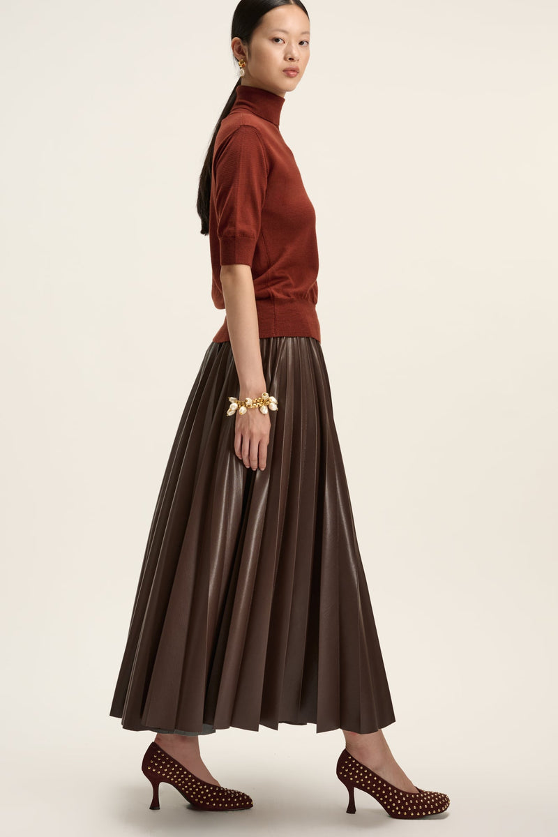 Natan Dalia Ivory Pleated Faux Leather Midi Skirt Timeless Martha's Vineyard 