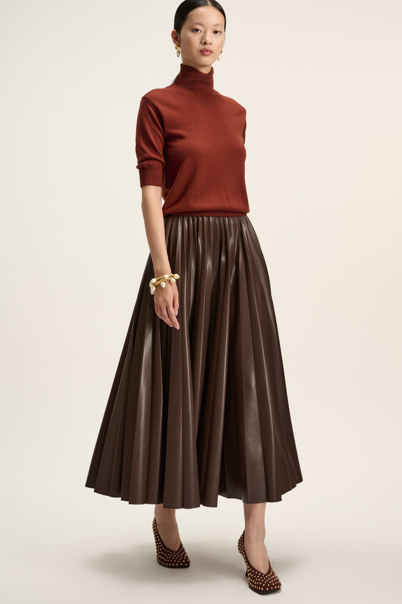 Natan Dalia Ivory Pleated Faux Leather Midi Skirt Timeless Martha's Vineyard 