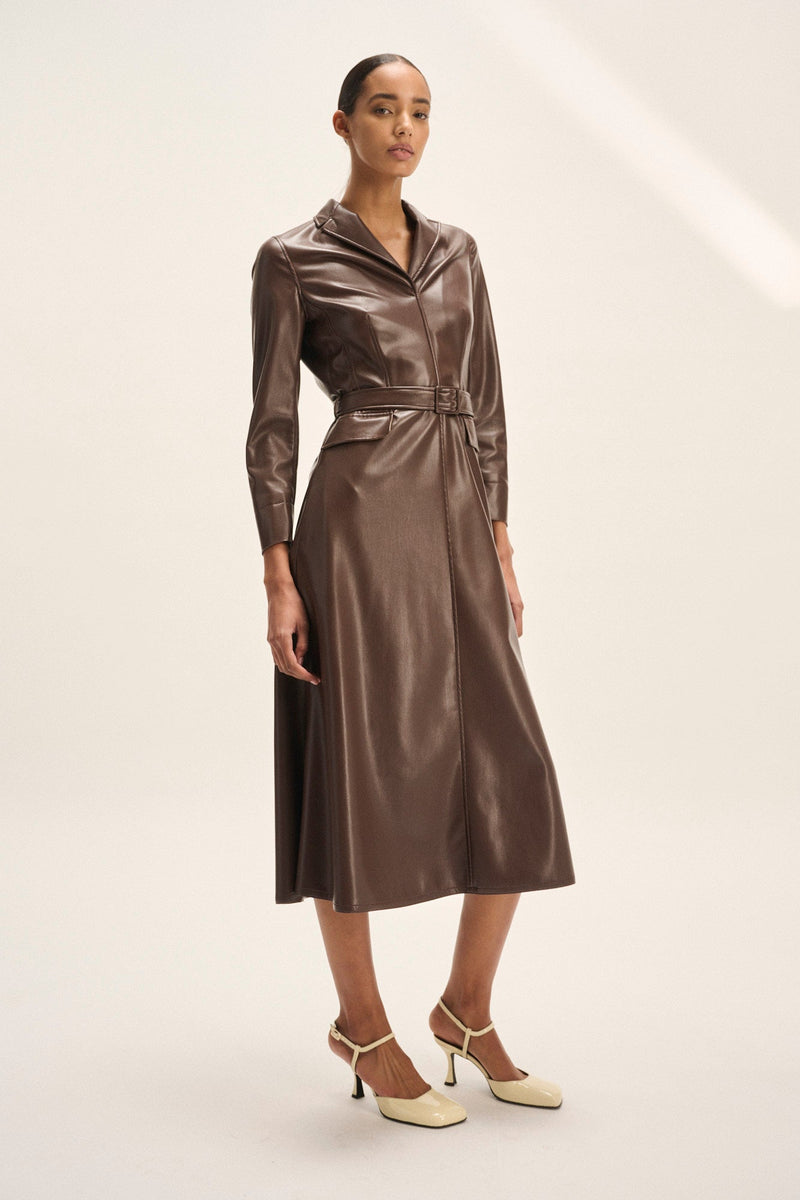 Natan Dolma Brown Faux Leather Midi Dress Timeless Martha's Vineyard 