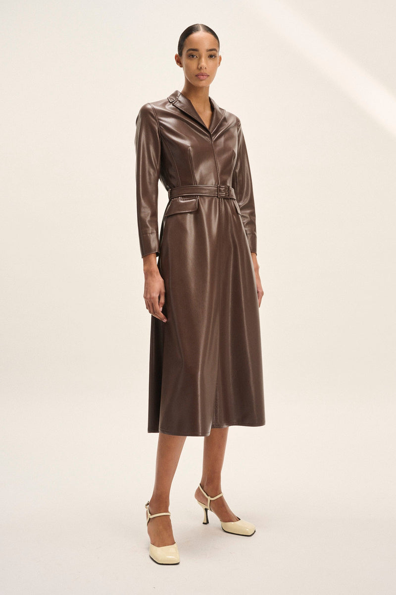 Natan Dolma Brown Faux Leather Midi Dress Timeless Martha's Vineyard 