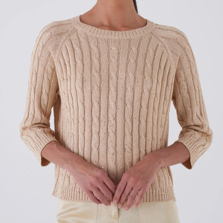 Amina Rubinacci San Marino Sequins Cable Knit Sweater - White Timeless Martha's Vineyard 