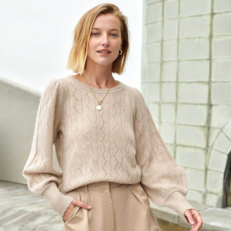White + Warren Cashmere Lace Stitch Crewneck - Jute Heather Timeless Martha's Vineyard