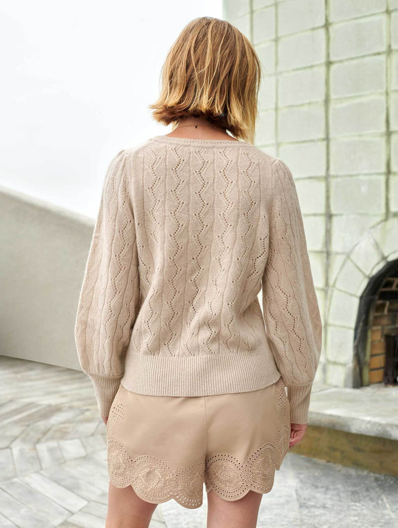 White + Warren Cashmere Lace Stitch Crewneck - Jute Heather Timeless Martha's Vineyard