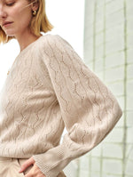 White + Warren Cashmere Lace Stitch Crewneck - Jute Heather Timeless Martha's Vineyard