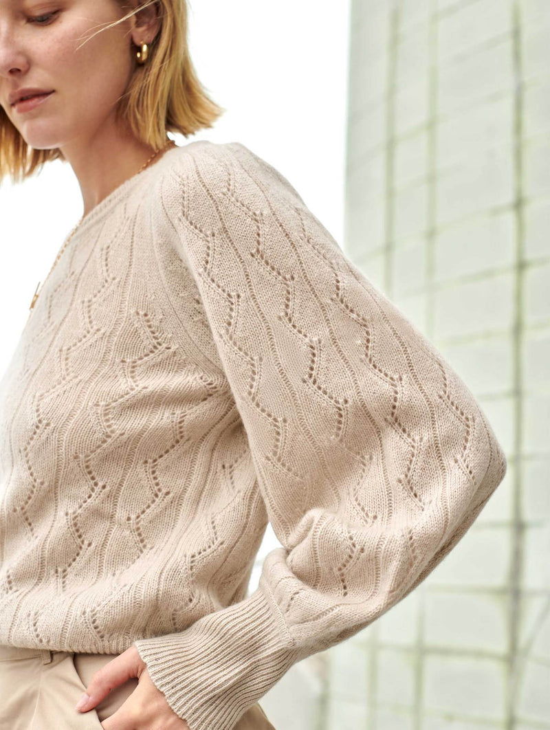 White + Warren Cashmere Lace Stitch Crewneck - Jute Heather Timeless Martha's Vineyard