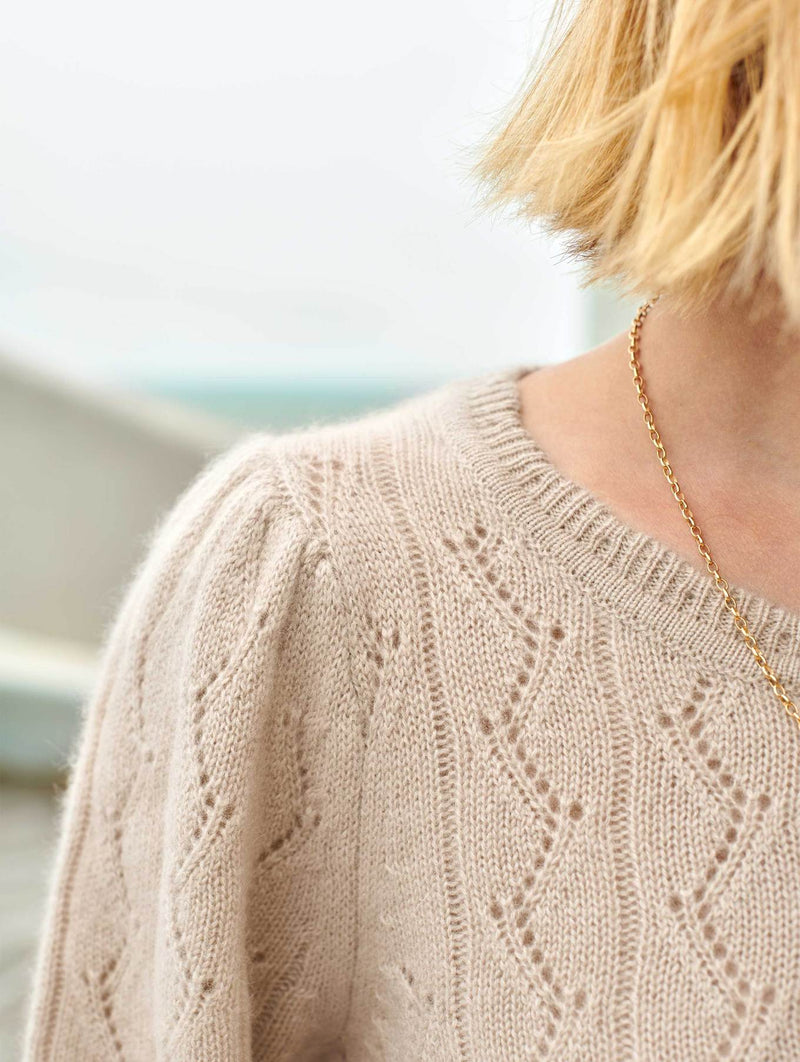 White + Warren Cashmere Lace Stitch Crewneck - Jute Heather Timeless Martha's Vineyard
