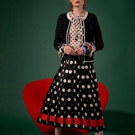 Silk Pleated Polka Dot Ankle Skirt - Black + Ivory
