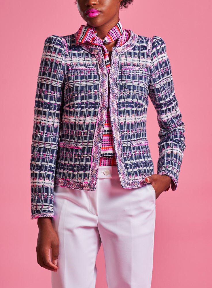 Maison Common Navy + Pink Silver Metallic Tweed Jacket 