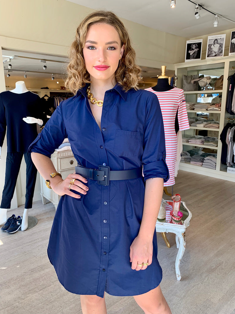 finley shirt dress Roll Sleeve Camp Shirt Dress Navy Washed Linen