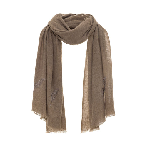 Embroidered Feather Scarf - Taupe - Timeless Martha's Vineyard