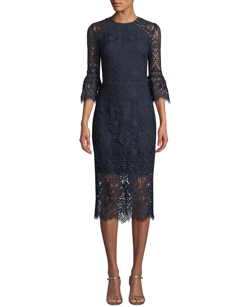 Shoshanna Antonia Dress Louisa 3/4 Sleeve Tea Length Dress - Navy Lace Timeless Martha's Vineyard