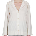 Purotatto Raglan V-Neck Button Down Cardigan in Cream with Camel Stripe Timeless Martha's Vineyard 