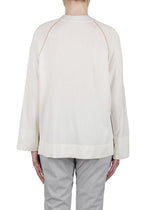 Purotatto Raglan V-Neck Button Down Cardigan in Cream with Camel Stripe Timeless Martha's Vineyard 