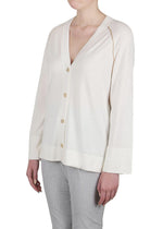 Purotatto Raglan V-Neck Button Down Cardigan in Cream with Camel Stripe Timeless Martha's Vineyard 