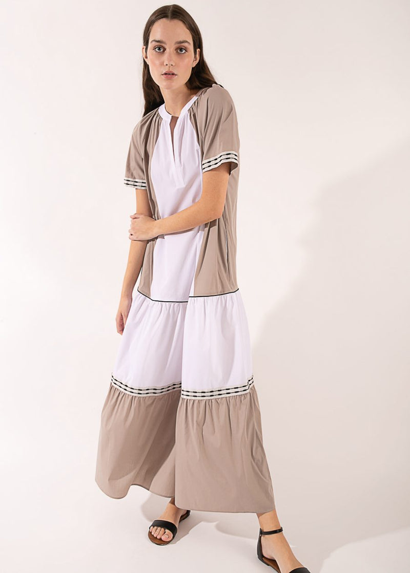 Purotatto Color Block Tiered Maxi Dress - Taupe Timeless Martha's Vineyard