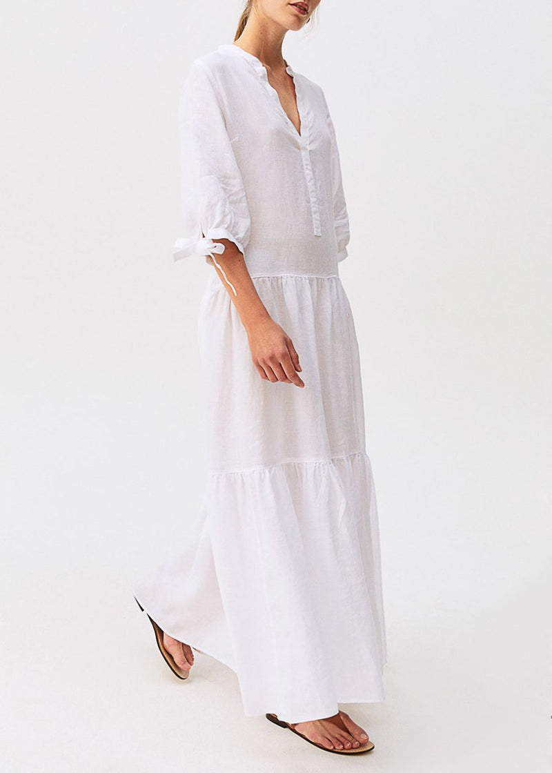 white tiered linen dress Evangeline. Handmade Tiered Linen Midi Dress With Square Neckline Bali Lane