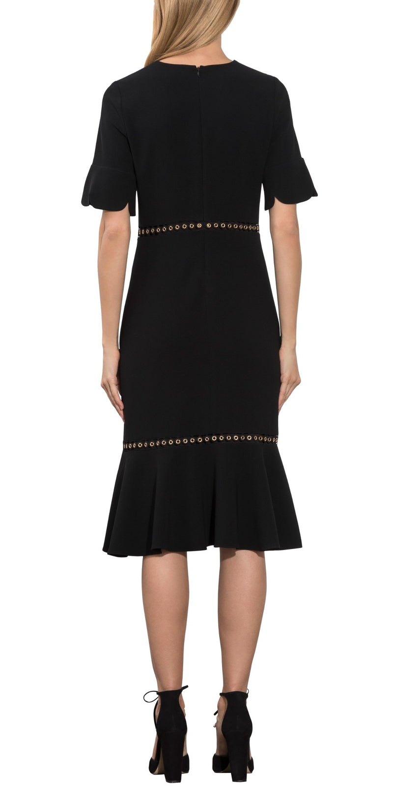 Shoshanna Oleh Midi Dress - Black with Gold Grommets Timeless Martha's Vineyard