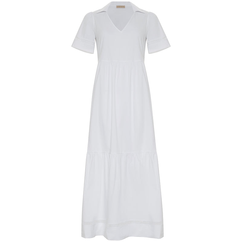 Purotatto V-Neck Tiered Cotton Summer Dress - White Timeless Purotatto V-Neck Tiered Cotton Summer Dress - White Timeless