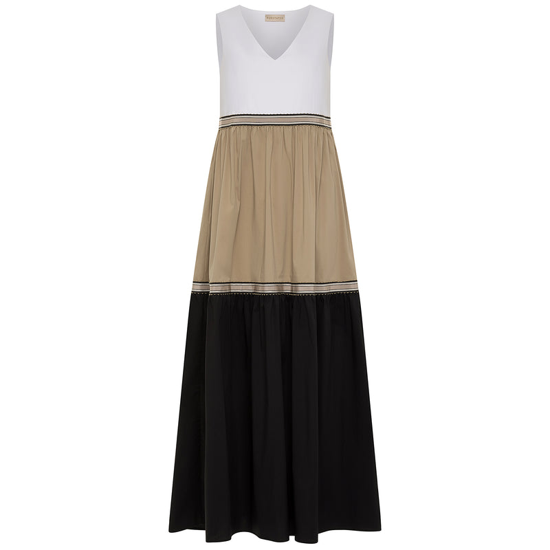 Purotatto Cotton Tiered Ribbon Dress - Black/Camel Timeless Martha's Vineyard