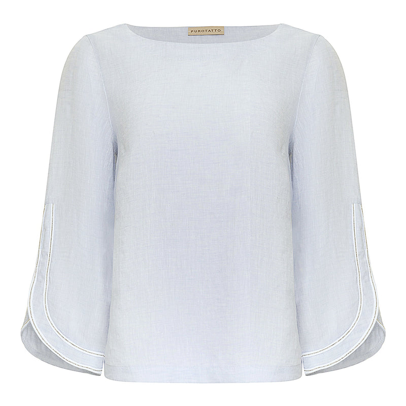 Purotatto Embellished Linen Blouse -  Sky Timeless Martha's Vineyard