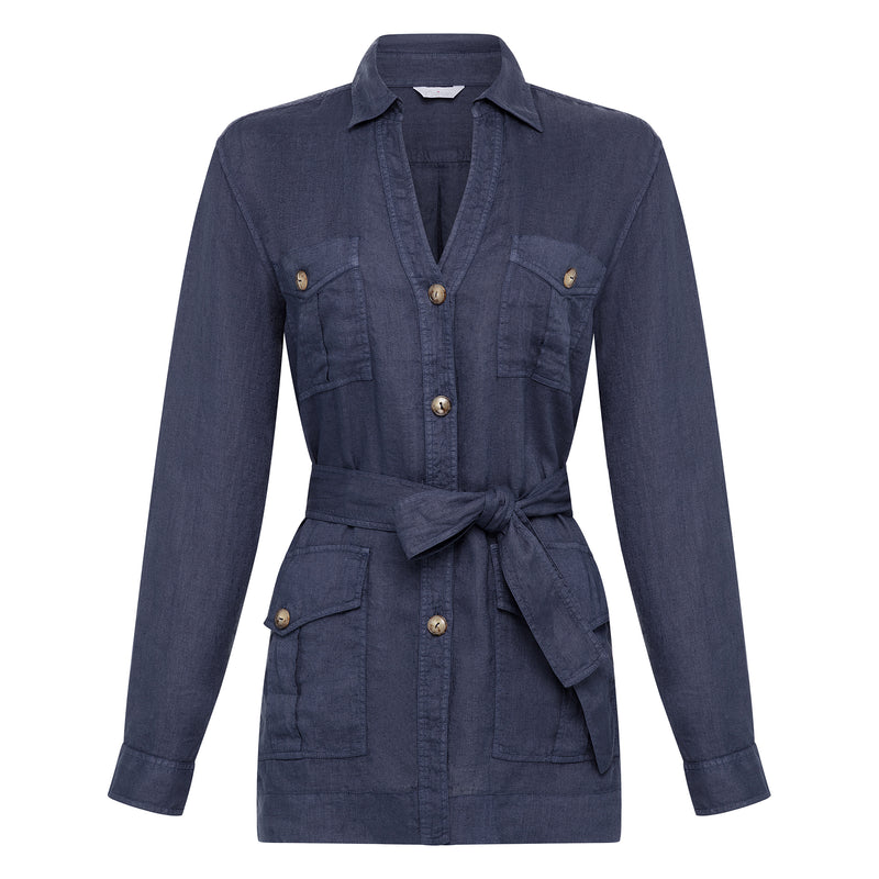 Caliban Belted Linen Shirt - Navy Timeless Martha's Vineyard