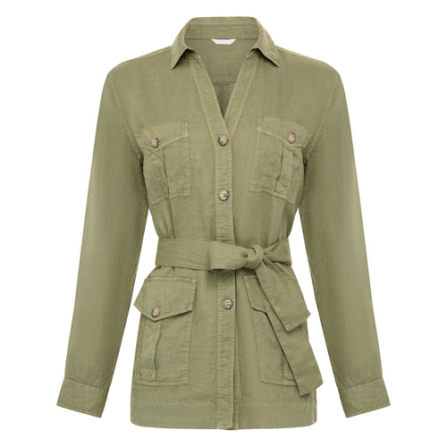 Caliban  Belted Linen Shirt - Army Green Timeless Martha's Vineyard