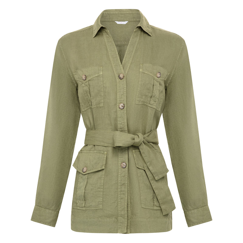 Caliban  Belted Linen Shirt - Army Green Timeless Martha's Vineyard