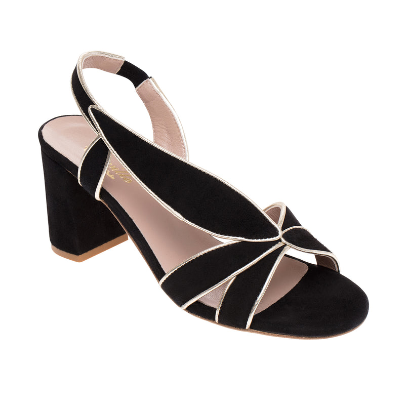 Cheville Ines Open Toe Block Heel Sandal in Black Suede Timeless Martha's Vineyard 