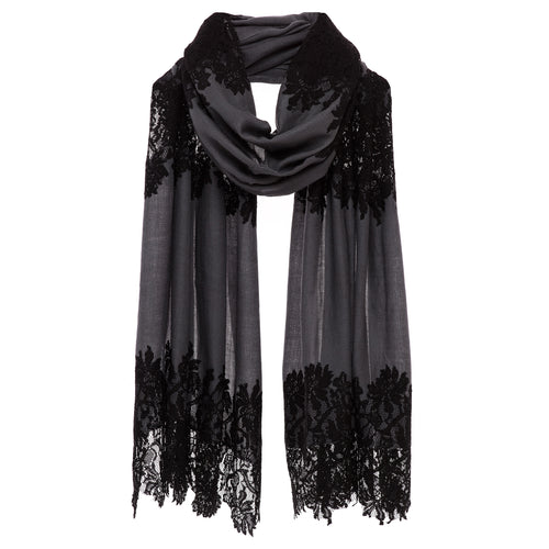 Lace Embellished Scarf - Grey & Black Timeless Martha's Vineyard