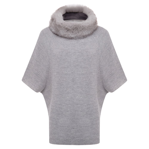 Kash Poncho with Fur Collar - Light Grey Timeless Martha's Vineyard